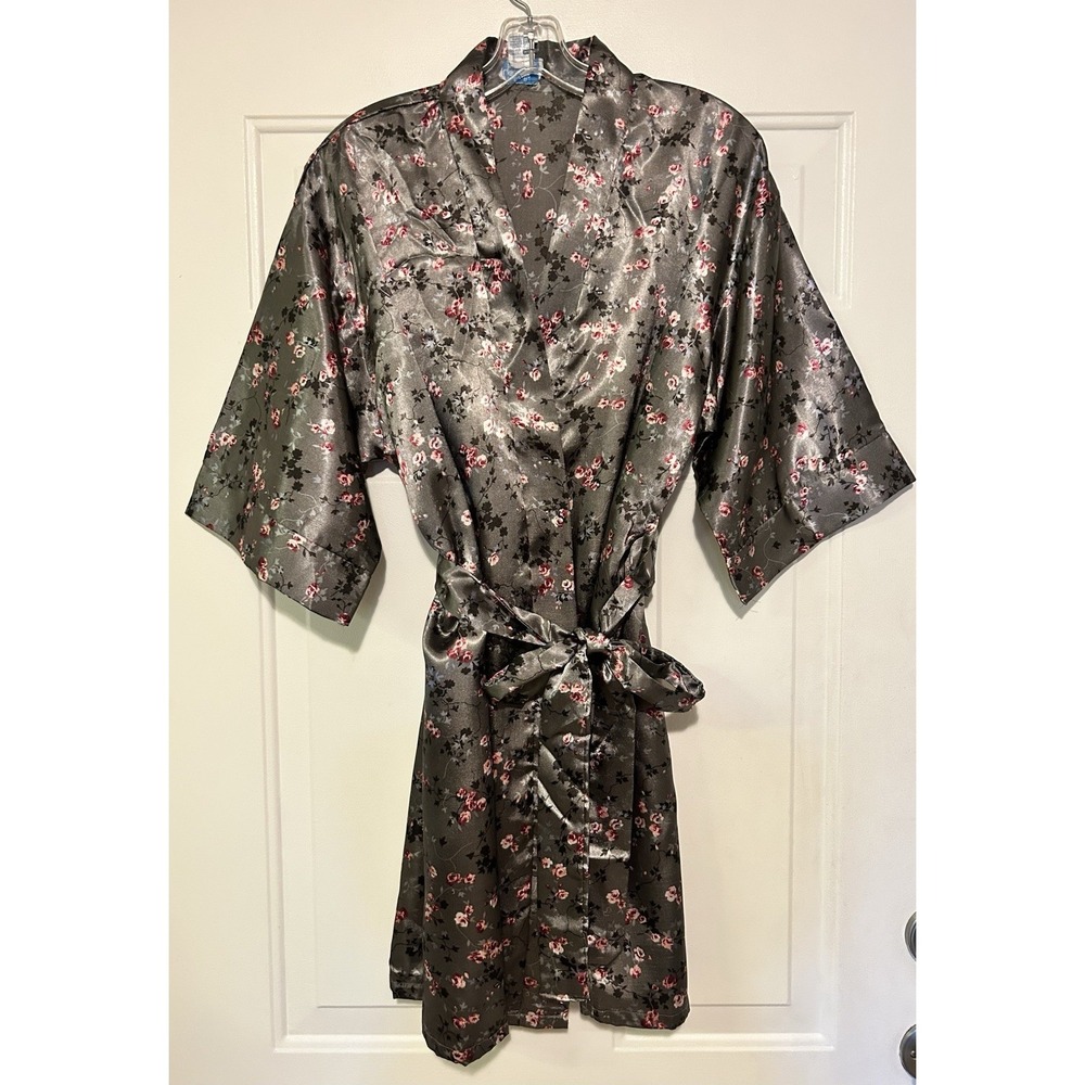 Gabrielle Intimates Gray Pink Floral Satin Robe and Chemise Nightgown Set Large